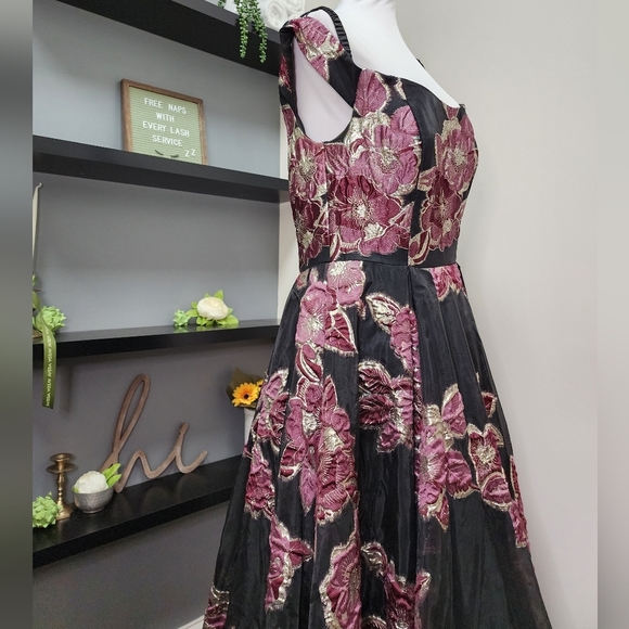 Jovani Black Off the Shoulder Sequin Floral Dress Mother of Bride Flare Luxury - Picture 6 of 16